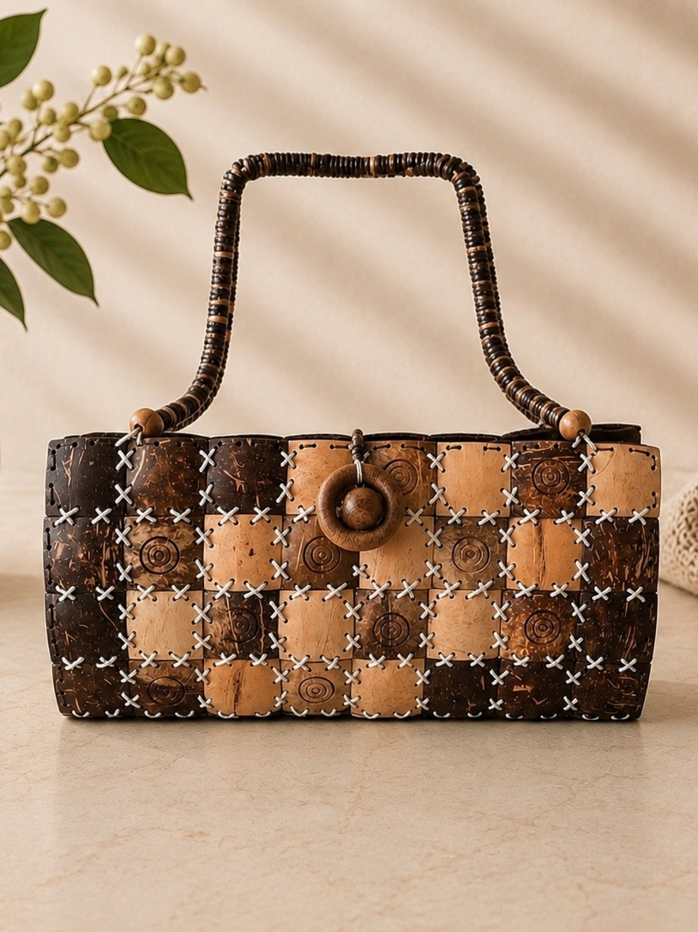 Coconut Shell Checkerboard Handbag Wooden Beaded Handle Boho Artisan Purse
